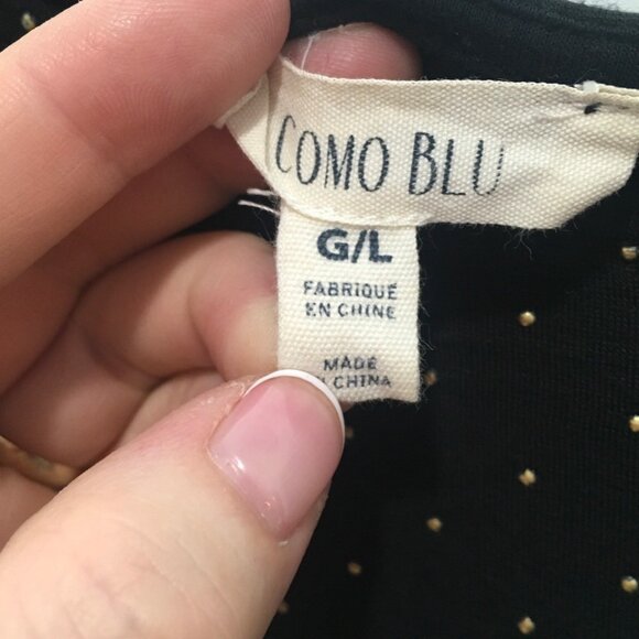 Shirt Women Large Black Gold Polka Dot Smocked Hem Stretch Como Blu - Picture 6 of 7